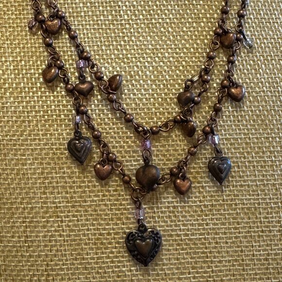 Bronze Two Strand Hanging Heart Necklace - Picture 2 of 5